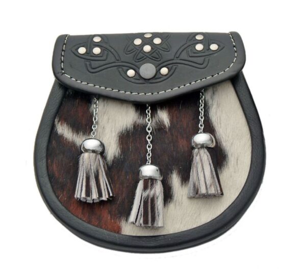 3 Tassel Cowhide Sporran Embossed Black Leather