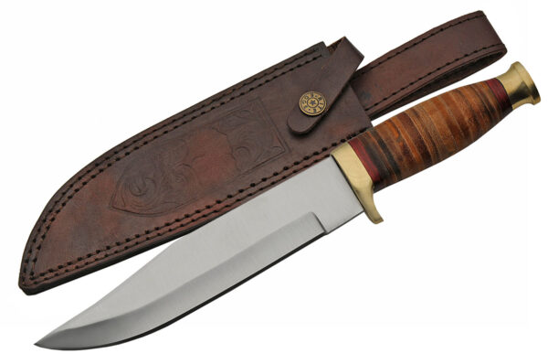 Bowie Stainless Steel Blade | Stacked Leather Handle 12 inch Edc Hunting Knife
