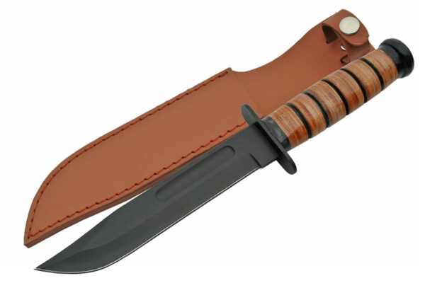 Military WWII Stainless Steel Blade | Leather Stacked Handle 12 inch Edc Combat Knife