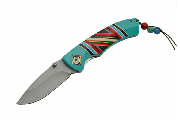 Native Stripe Stainless Steel Blade | Turquoise Polymer Handle 8 inch Edc Folding Knife