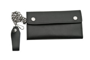 Black Bi-Fold 8 inch Leather Biker Wallet With Snap Belt Loop