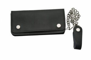 Large Black Bi-Fold 8 inch Leather Biker Wallet With Snap Belt Loop