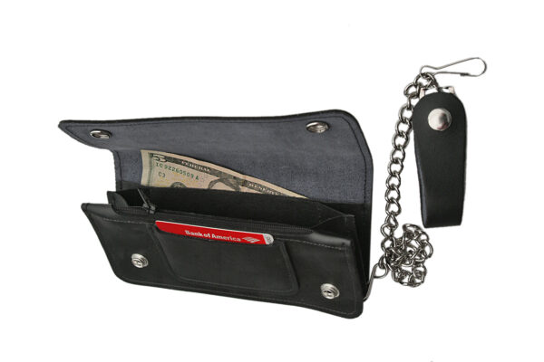 Large Black Bi-Fold 8 inch Leather Biker Wallet With Snap Belt Loop