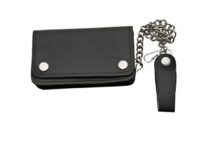 Black Bi-Fold 7 inch Leather Biker Wallet With Snap Belt Loop