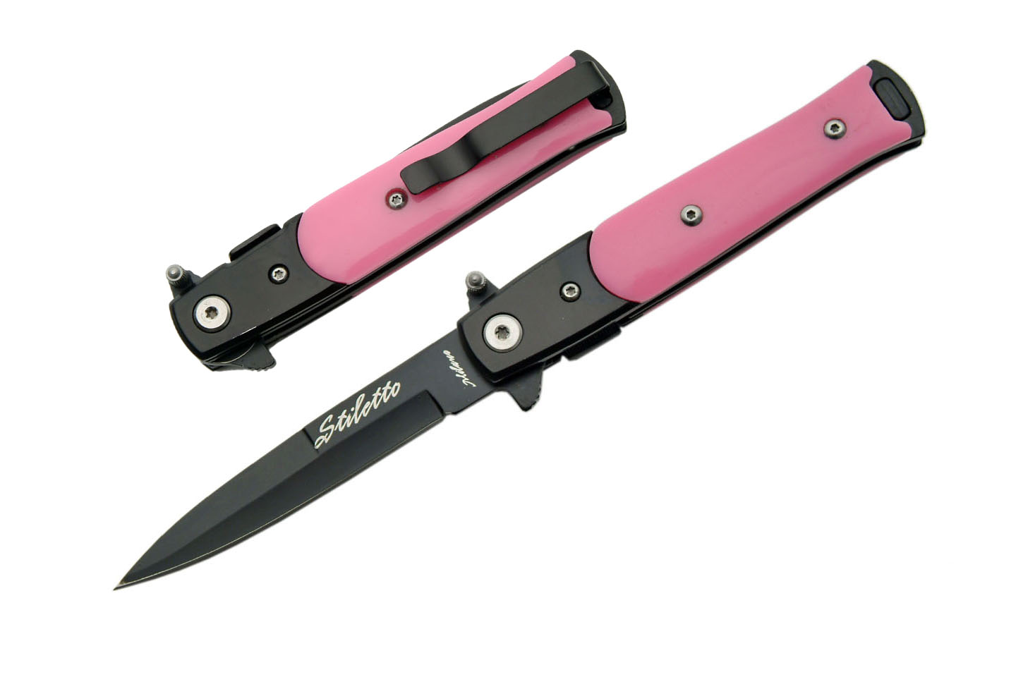 Pink Stiletto Black Stainless Steel Blade  Abs Steel Handle 7.25 inch Edc  Folding Knife