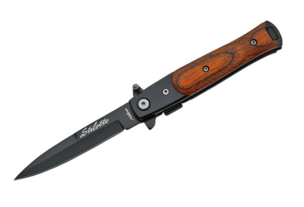 Wood Stiletto Black Stainless Steel Blade | Abs Steel Handle 7.25 inch Edc Folding Knife