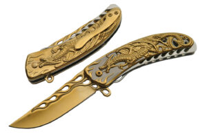 Gold Stainless Steel Blade | Titanium Finish Handle 8 inch Edc Folding Knife