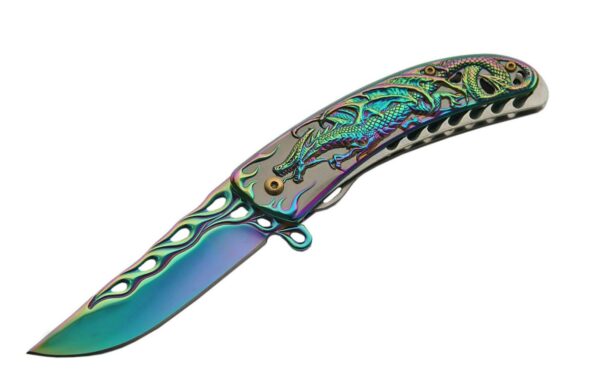 Rainbow Dragon Stainless Steel Blade | Titanium Finish Handle 8 inch Edc Folding Knife