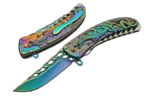 Rainbow Dragon Stainless Steel Blade | Titanium Finish Handle 8 inch Edc Folding Knife