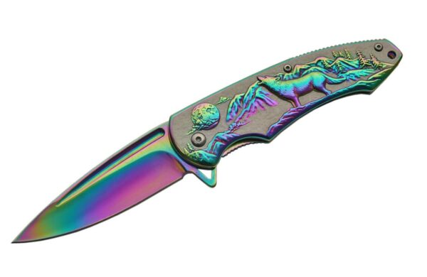 Rainbow Howling Wolf Stainless Steel Blade | Titanium Finish Handle 7.75 inch Edc Folder