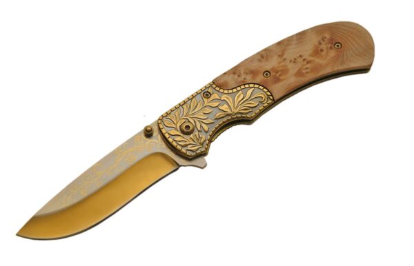 Gold Stainless Steel Blade | Burlwood Handle 8 inch Edc Folding Knife