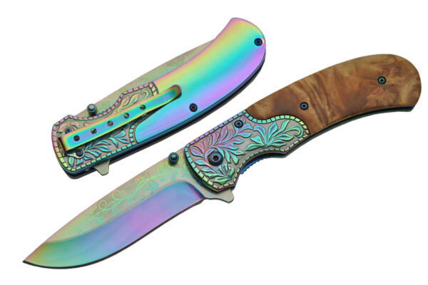 Rainbow Finish Stainless Steel Blade | Burlwood Handle 8 inch Edc Folding Knife