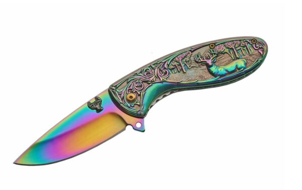 Rainbow Deer Stainless Steel Blade | Titanium Finish 8 inch Edc Folding Knife