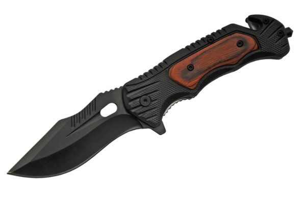 Black Tactical Stainless Steel Blade | Wooden Handle 8.25 inch Edc Folding Knife