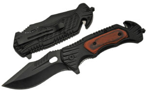Black Tactical Stainless Steel Blade | Wooden Handle 8.25 inch Edc Folding Knife