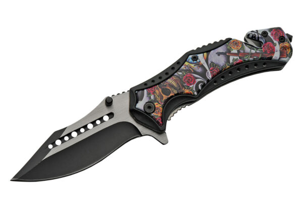 Sugar Skull Stainless Steel Blade | Aluminum Handle With Skull/Rose Design 4.75 inch Edc Pocket Folding Knife