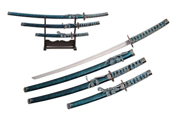 Aqua Marble Carbon Steel Blade | Cord Wrapped Handle 3 Piece Sword Set