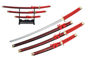 Ruby Marble Carbon Steel Blade | Cord Wrapped Handle 3 Piece Sword Set