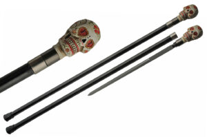 Resin Sugar Skull Stainless Steel Blade | Metal Handle 35 inches Walking Cane Sword