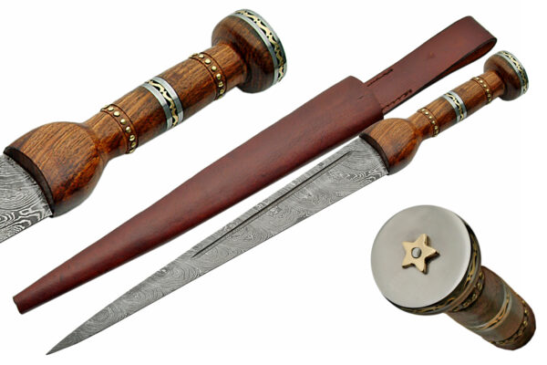 20″ Damascus Steel Dirk with Wooden Handle and Leather Sheath