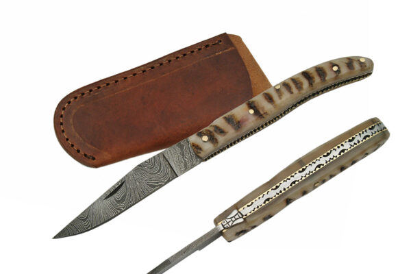 Damascus Steel Ram Horn Handle 8.25″ Folding Knife
