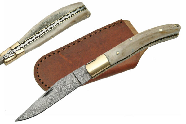 Damascus Steel Antler Stag Handle 8.25″ Folding Knife