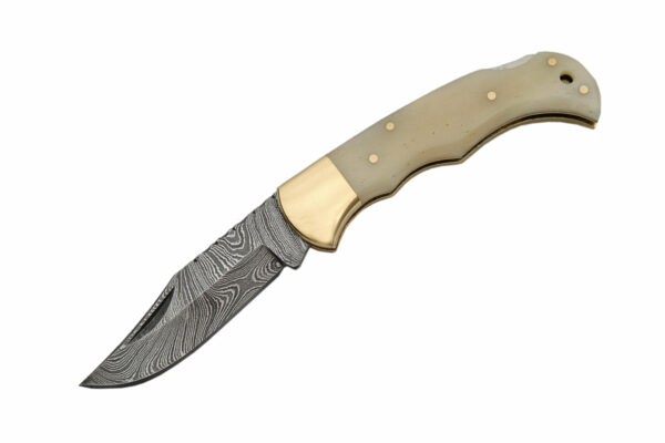 Plain Bolster Damascus Steel Blade | Bone Handle 3.75 inch Edc Pocket Folding Knife