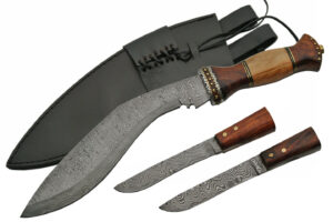 Brown Damascus Steel Blade | Olive Wood Handle 18 inch Edc Hunting Kukri