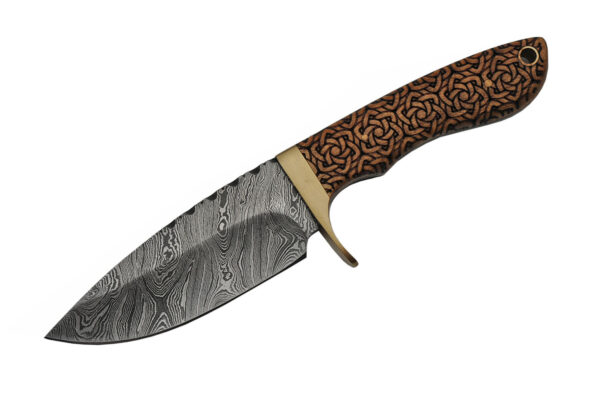 Celtic Knot Damascus Steel Blade | Wooden Handle 9 inch EDC Hunting Knife