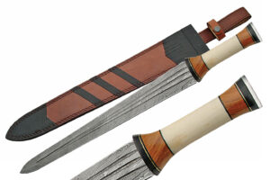 Blood Groove Damascus Steel Blade | Bone & Wood Handle 24 inch Hunting Sword