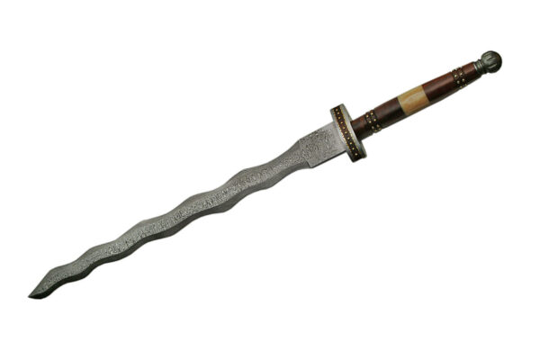 Flamberge Damascus Steel Blade | Wood & Bone Handle 23.5 inch Sword