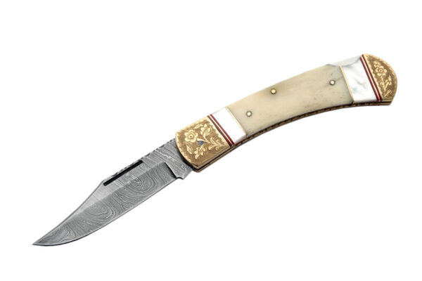 Mother Of Pearl Damascus Steel Blade | Bone & Pearl Handle 5 inch Edc Pocket Folding Knife