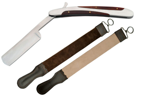 STAINLESS STEEL & WOOD HANDLE RAZOR WITH STROP SET