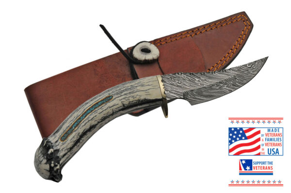 Kingman Turquoise Damascus Steel Blade | Deer Antler Handle 9 inch Skinner Knife