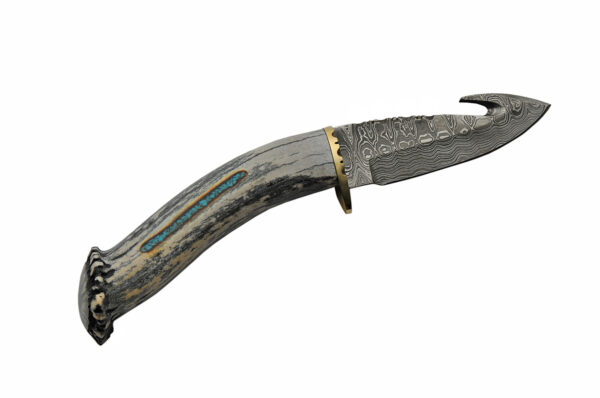 Kingman Turquoise Damascus Steel Blade | Deer Antler Handle 9 inch Guthook Knife