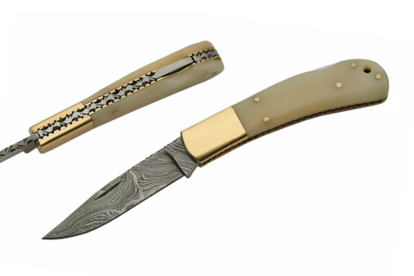 Damascus Steel Bone Handle 7″ Lockback Folding Knife