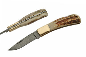 Clip Point Damascus Steel Blade  Bone Handle 7 inch Edc Folding Knife