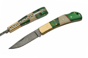 4" Green Wood and Bone Handle Damascus Folding Knife