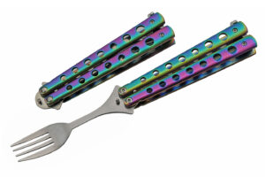 Rainbow Finish Stainless Steel | Rainbow Finish Handle Butterfly Style Travel 9 inch Camping Fork