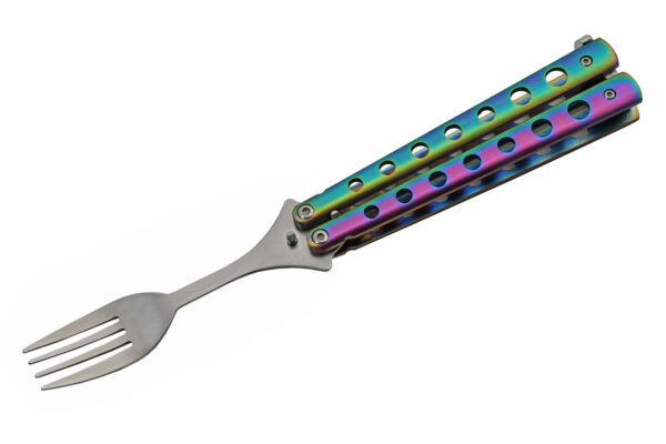 Rainbow Finish Stainless Steel | Rainbow Finish Handle Butterfly Style Travel 9 inch Camping Fork