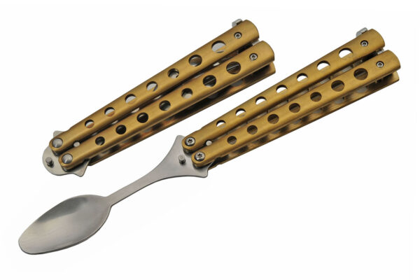 Gold Finish Stainless Steel 9 inch Butterfly Style Travel / Camping Spoon