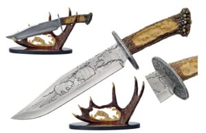 Beer Stainless Steel Blade | Stag Handle 15.25 inch Hunting Knife With Resin Antler Display Stand