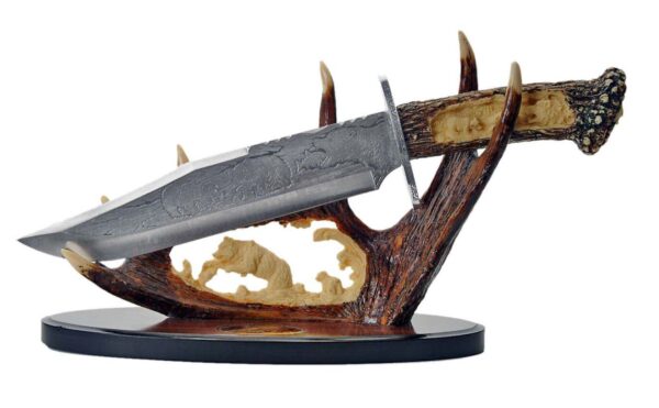 Bear Stainless Steel Blade | Stag Handle 15.25 inch Hunting Knife With Resin Antler Display Stand