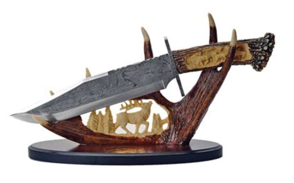 Deer Stainless Steel Blade | Stag Handle 15.25 inch Hunting Knife With Resin Antler Display Stand
