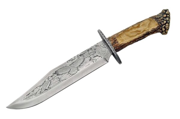 Eagle Stainless Steel Blade | Stag Handle 15.25 inch Hunting Knife With Resin Antler Display Stand