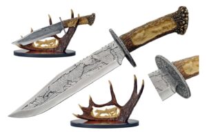 Wolf Stainless Steel Blade | Stag Handle 15.25 inch Hunting Knife With Resin Antler Display Stand