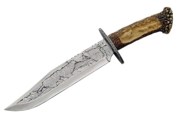 Wolf Stainless Steel Blade | Stag Handle 15.25 inch Hunting Knife With Resin Antler Display Stand