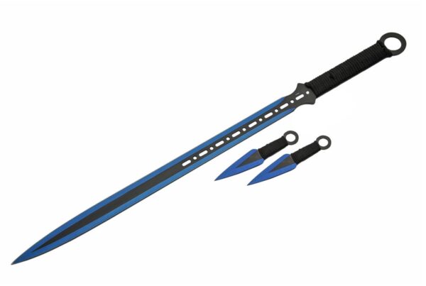 Fantasy Black Blue Stainless Rainbow Steel Blade | Cord Wrapped Handle 28 inch Edc Ninja Sword