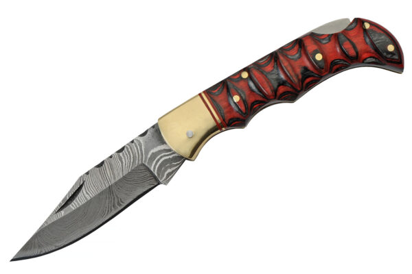 Red Black Lockback Damascus Steel Blade | Wooden Handle 3.75 inch Edc Pocket Folding