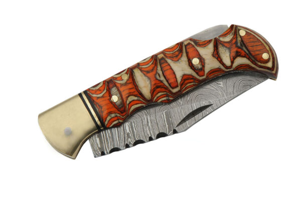 Brown White Damascus Steel Blade | Twisted Wood Handle 4 inch Edc Pocket Folding Knife